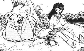 Inuyasha and Kagome are sitting by a tree